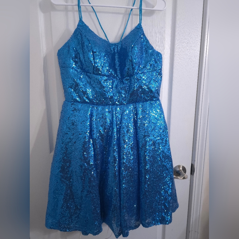 Dazzling Blue Sequin Fit & Flare Mini Dress with Corset Back